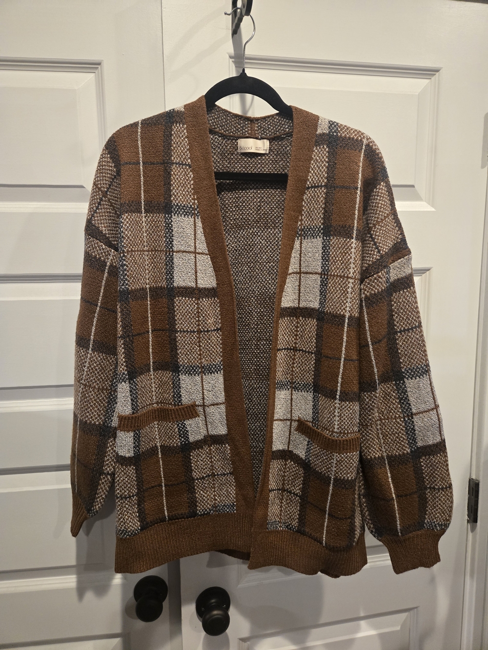 Plaid Open-Front Cardigan Sweater - Brown